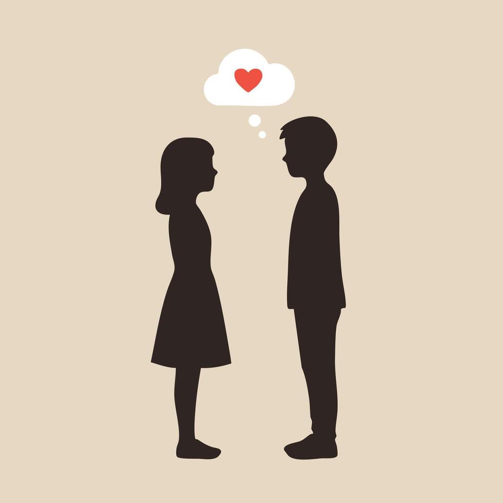 Silhouette of boy and girl facing each other with heart thought bubble romantic love illustration vector