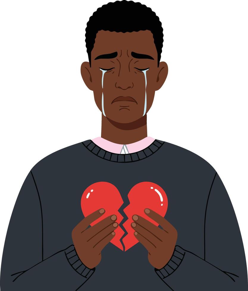 Sad man holding broken red heart expressing emotional pain and heartbreak illustration vector