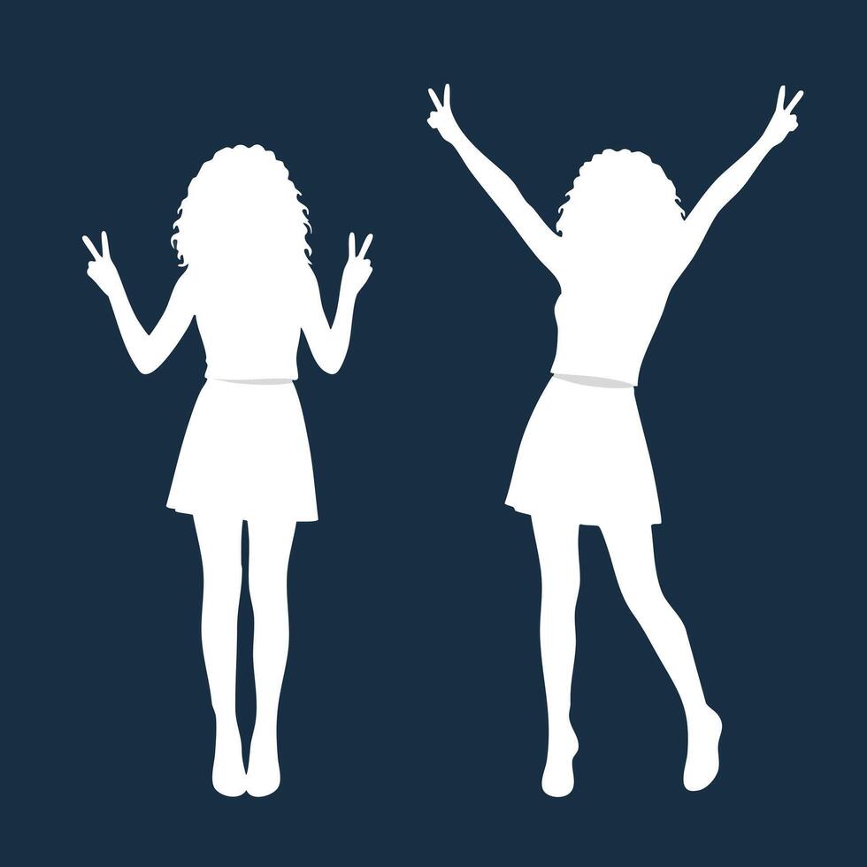 Silhouettes of two joyful women showing peace signs with curly hair on dark blue background illustration vector