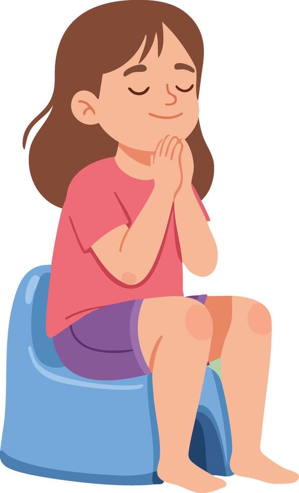 Girl sitting on potty training with closed eyes and hands clasped in calm expression illustration vector