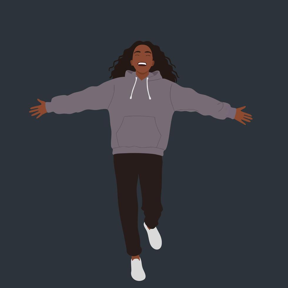 Woman in grey hoodie and black pants expressing joy with arms open wide illustration in dark background vector