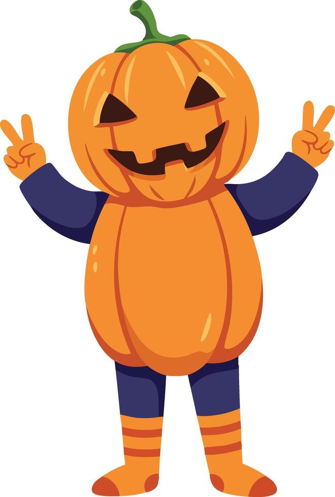 Halloween pumpkin costume character with jack o lantern head making peace signs in orange and navy outfit illustration vector