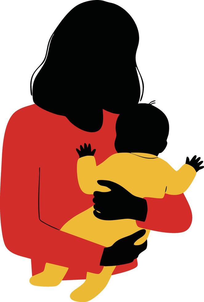 Mother holding baby in red and yellow clothing illustration of maternal care and bonding vector
