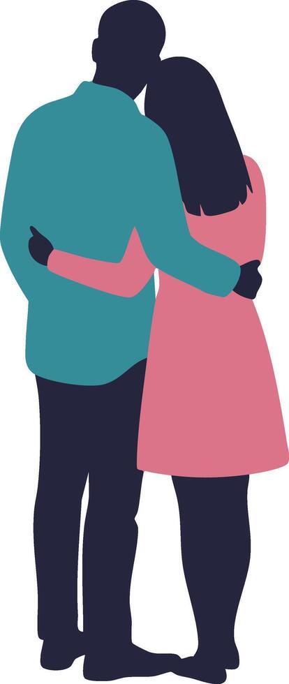 Couple embracing together in simple illustration with teal and pink clothing natural scene vector
