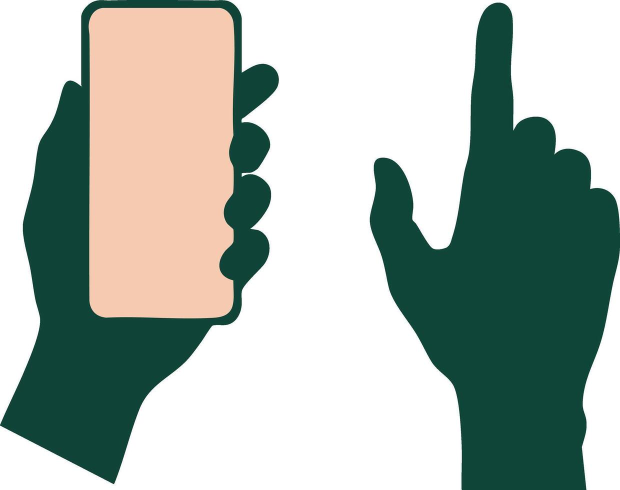 Smartphone held in hand with pointing finger gesture illustration in dark green and peach colors vector