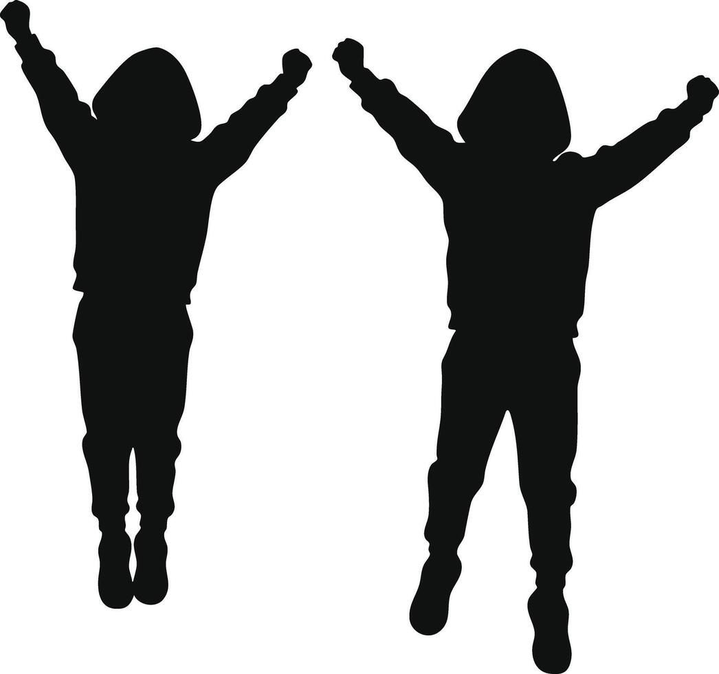 Children jumping silhouette with raised arms joyful active play illustration black figures vector