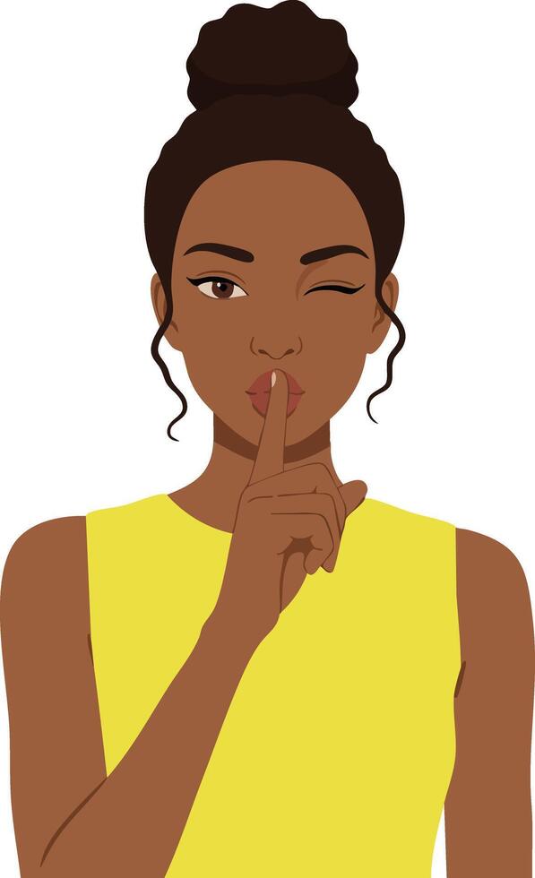 Woman with finger on lips making silence gesture in yellow top illustration portrait vector