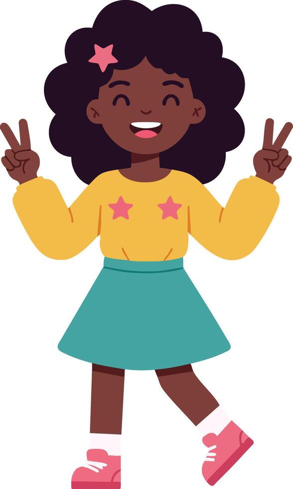 Happy young girl smiling and posing with peace signs in colorful casual outfit illustration vector