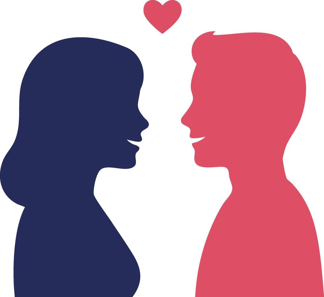 Silhouette of Romantic Couple Facing Each Other with Heart Symbol in Simple Illustration vector
