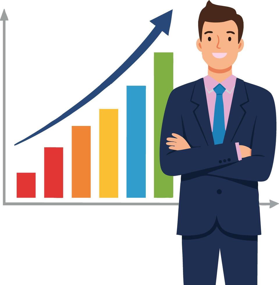 Businessman standing confidently near colorful bar chart with upward arrow showing growth and success illustration vector
