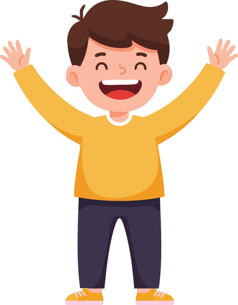 Happy smiling boy with raised hands wearing yellow sweater and dark pants cheerful expression illustration vector