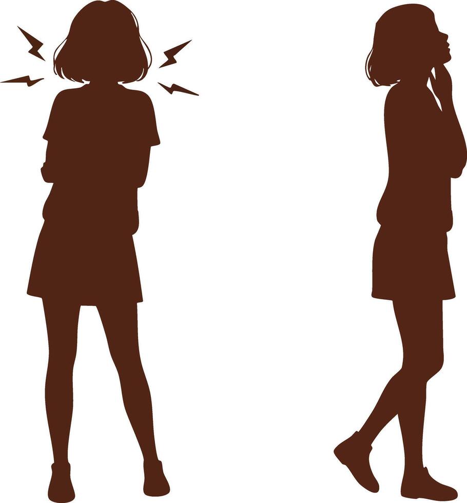 Silhouette of woman with crossed arms and thinking pose in simple brown illustration vector