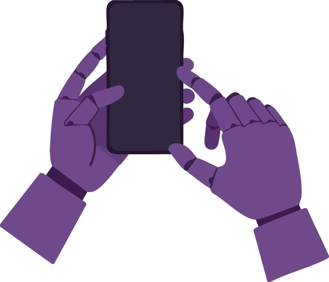 Purple Hands Holding and Touching Smartphone Illustration Showing Technology Usage and Interaction vector
