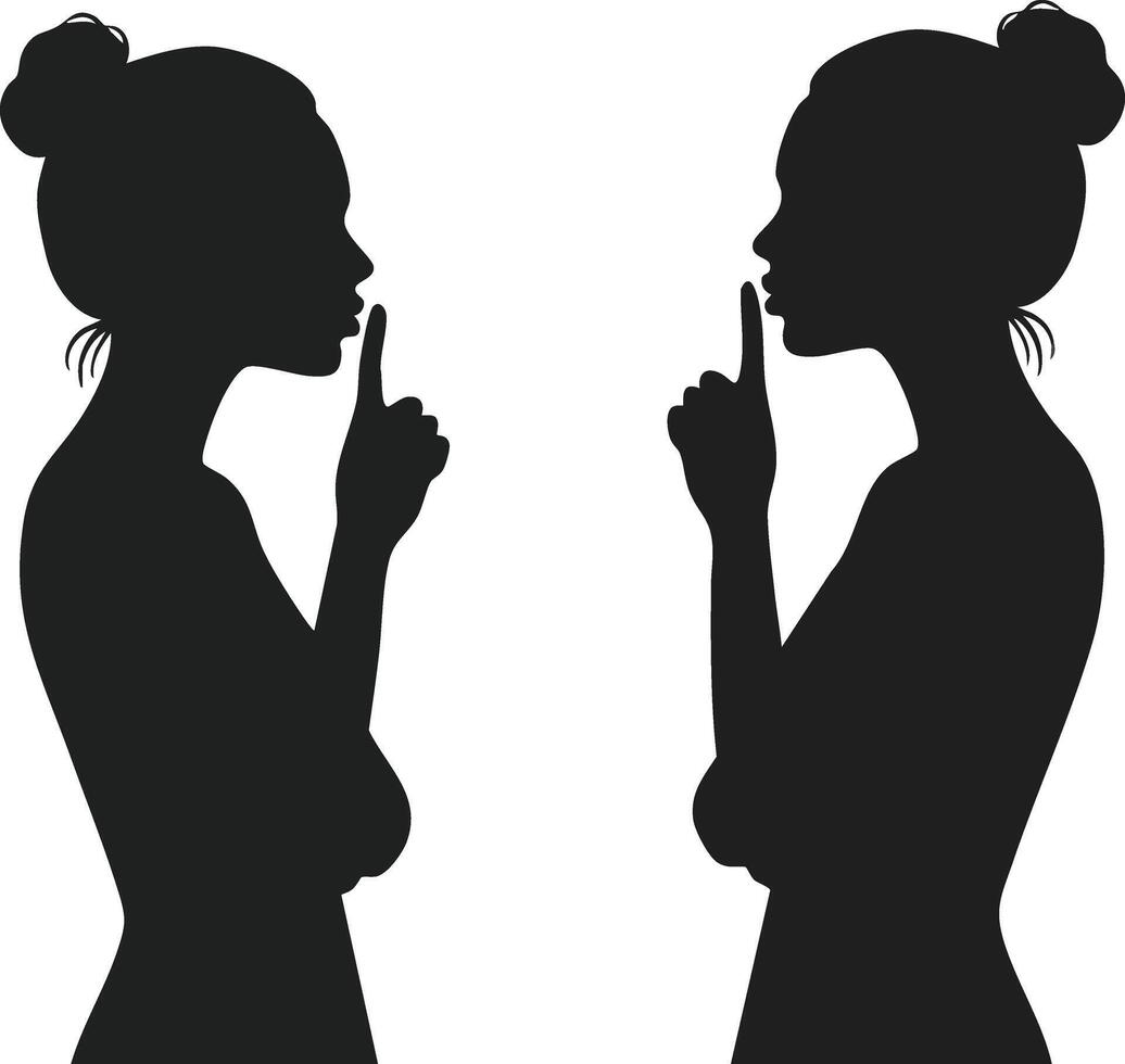 Silhouettes of two women facing each other with finger on lips in silent gesture illustration vector