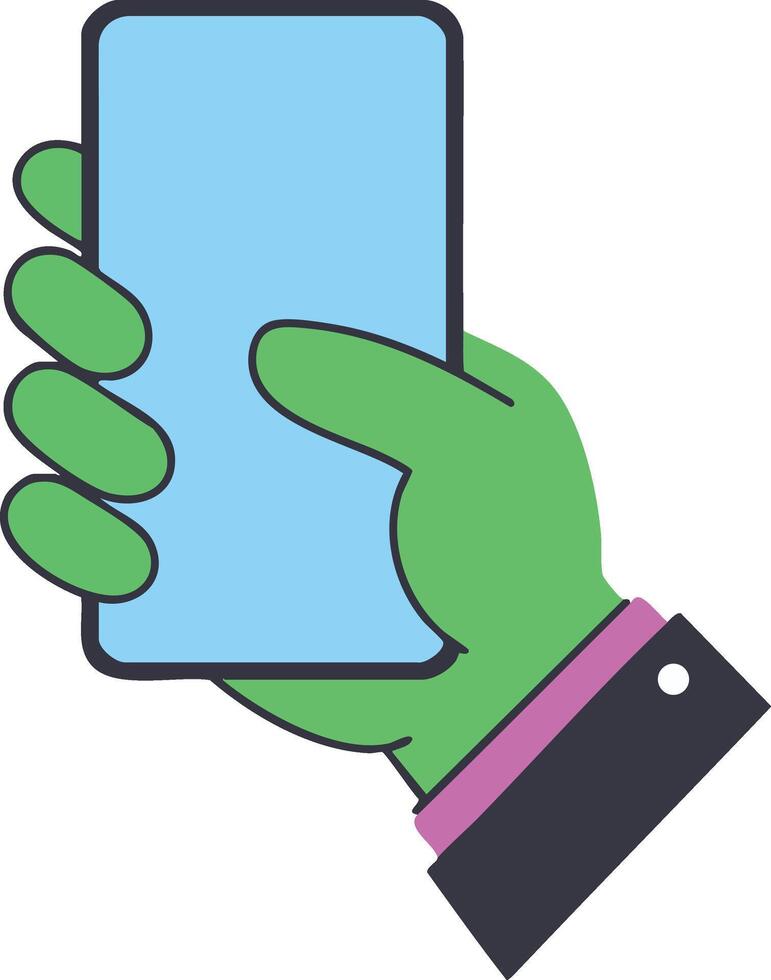 Hand holding smartphone with blue screen simple icon flat style illustration for technology and communication design vector