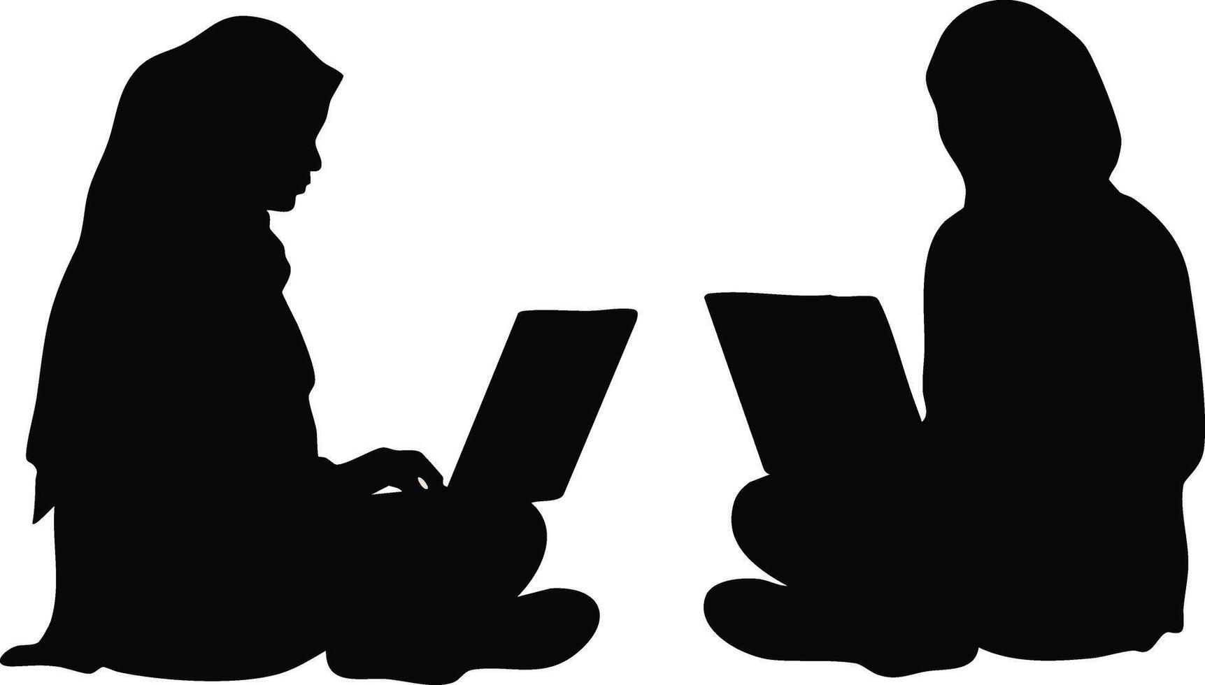 Two women sitting cross-legged working on laptops in silhouette illustration technology and teamwork concept vector