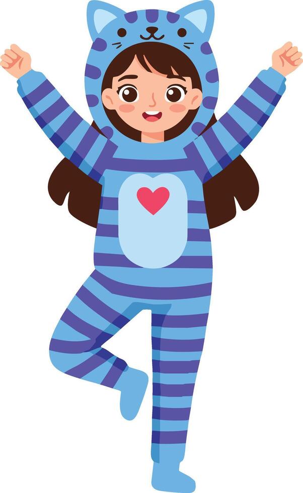 Girl Wearing Blue Cat Onesie Costume Jumping Happily in Playful Mood Illustration vector