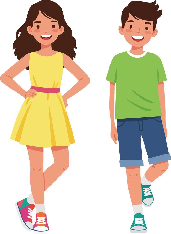 Happy smiling boy and girl standing in casual clothing illustration with cheerful expressions vector