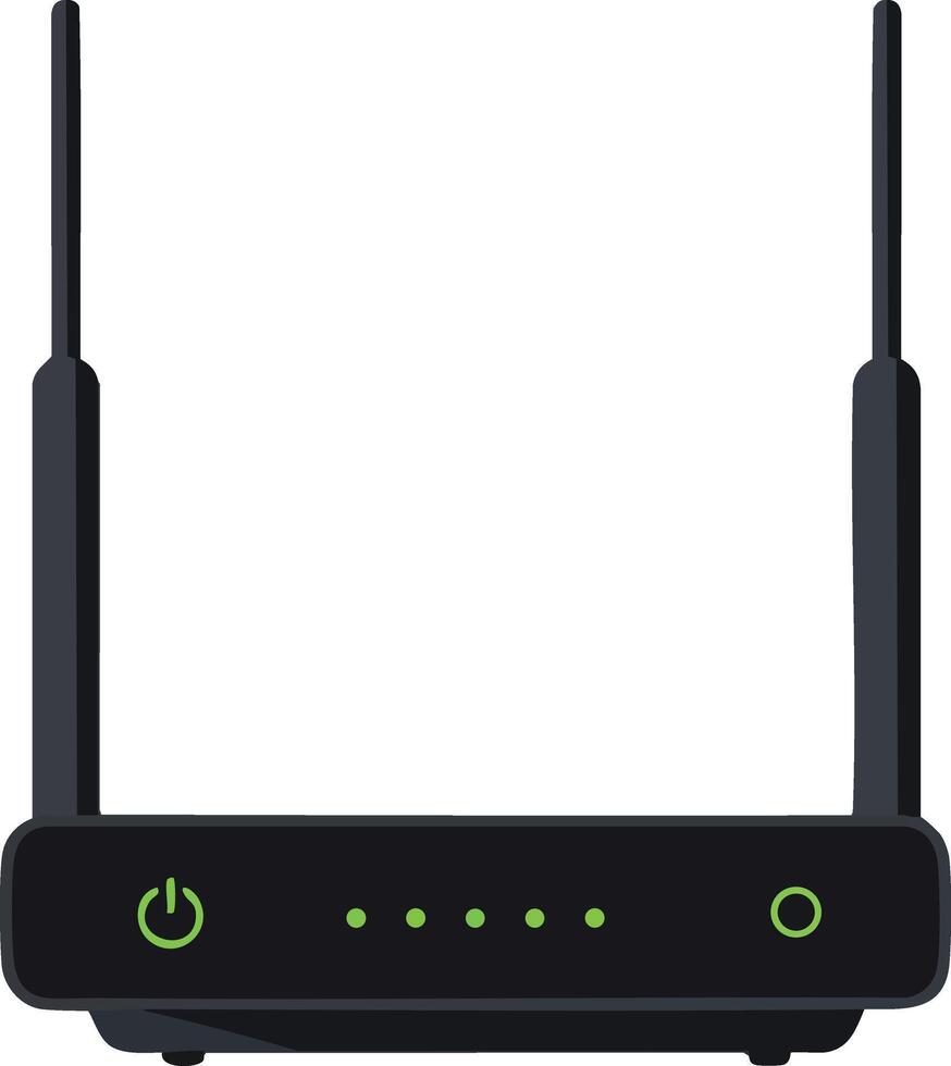 Wireless router with dual antennas and green indicator lights technology device illustration for internet connectivity vector