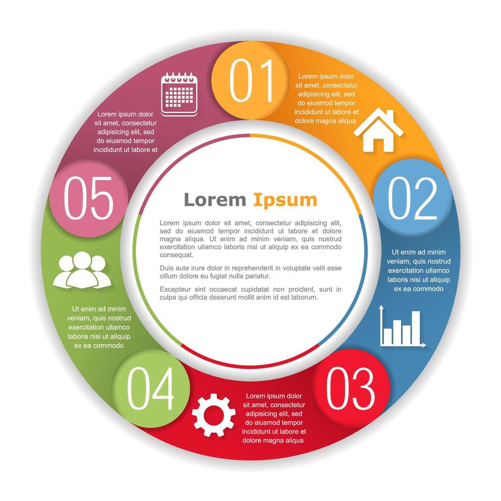 Circle infographics with five elements, steps or options, process diagram, round chart template vector