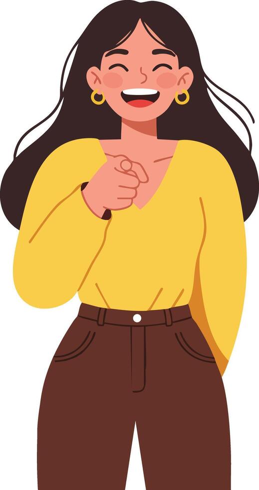 Woman in yellow blouse laughing and pointing forward with brown pants casual style illustration vector