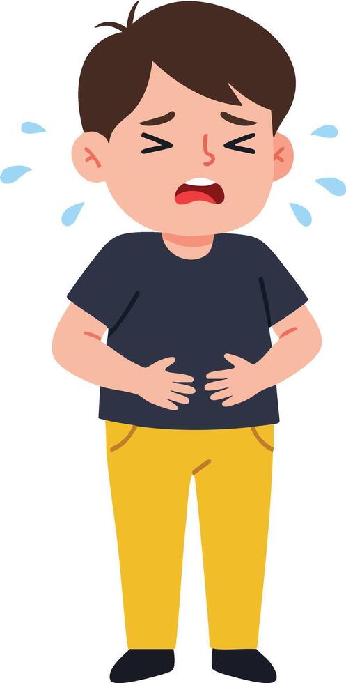 Boy with stomachache crying and holding belly in pain expression illustration vector