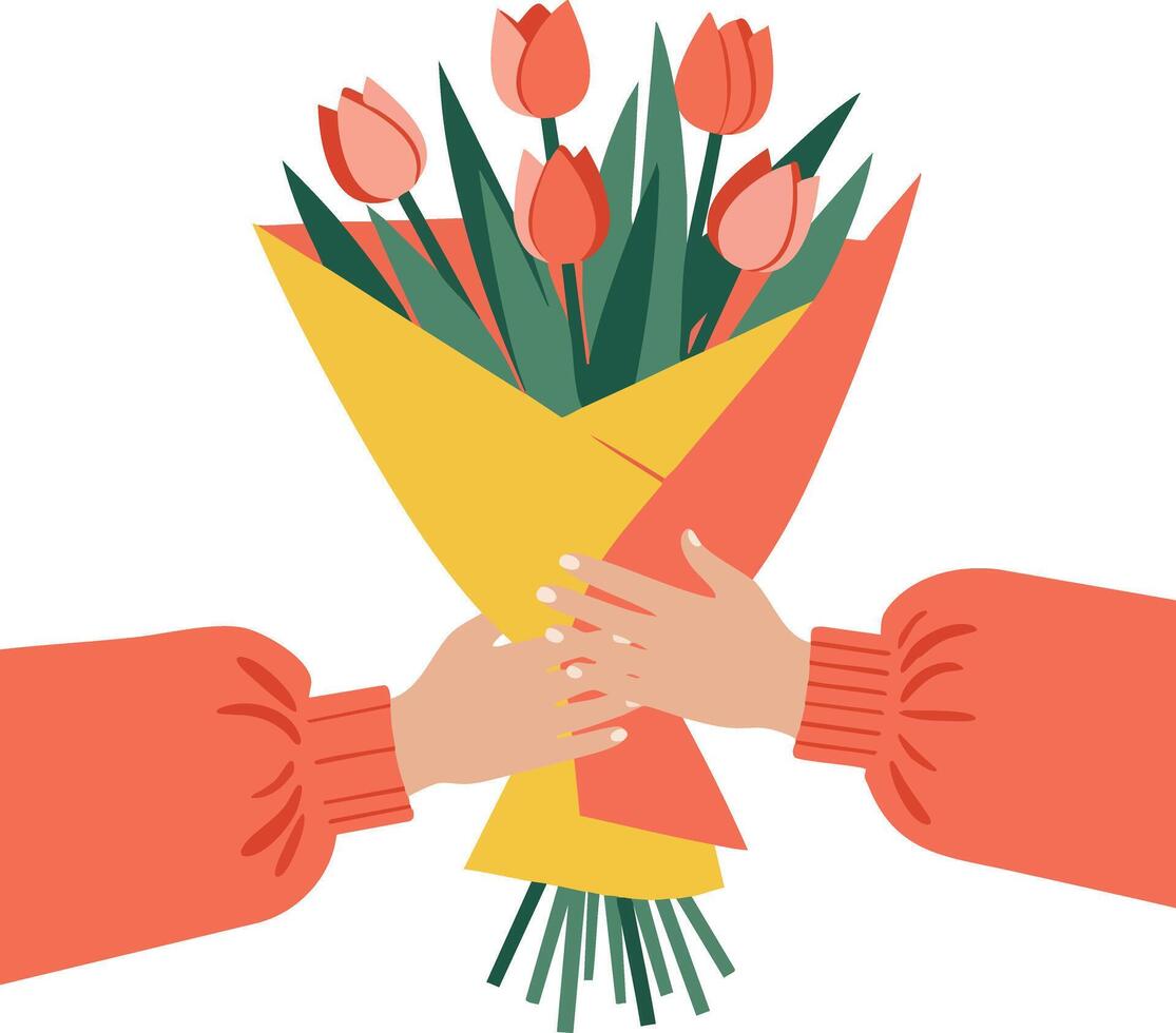 Bouquet of red tulips being handed over with orange sleeves in a flat illustration style vector