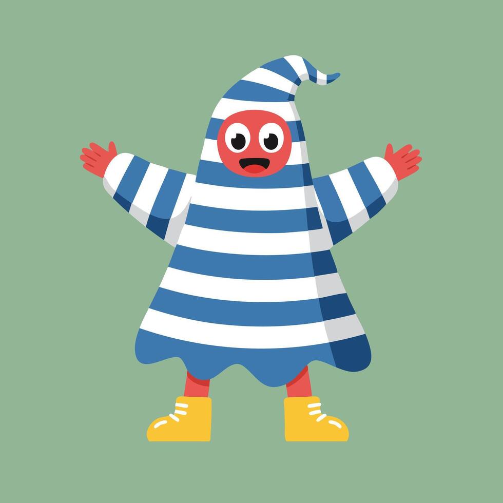 Cartoon character wearing striped hooded costume with yellow boots in playful pose on green background illustration vector