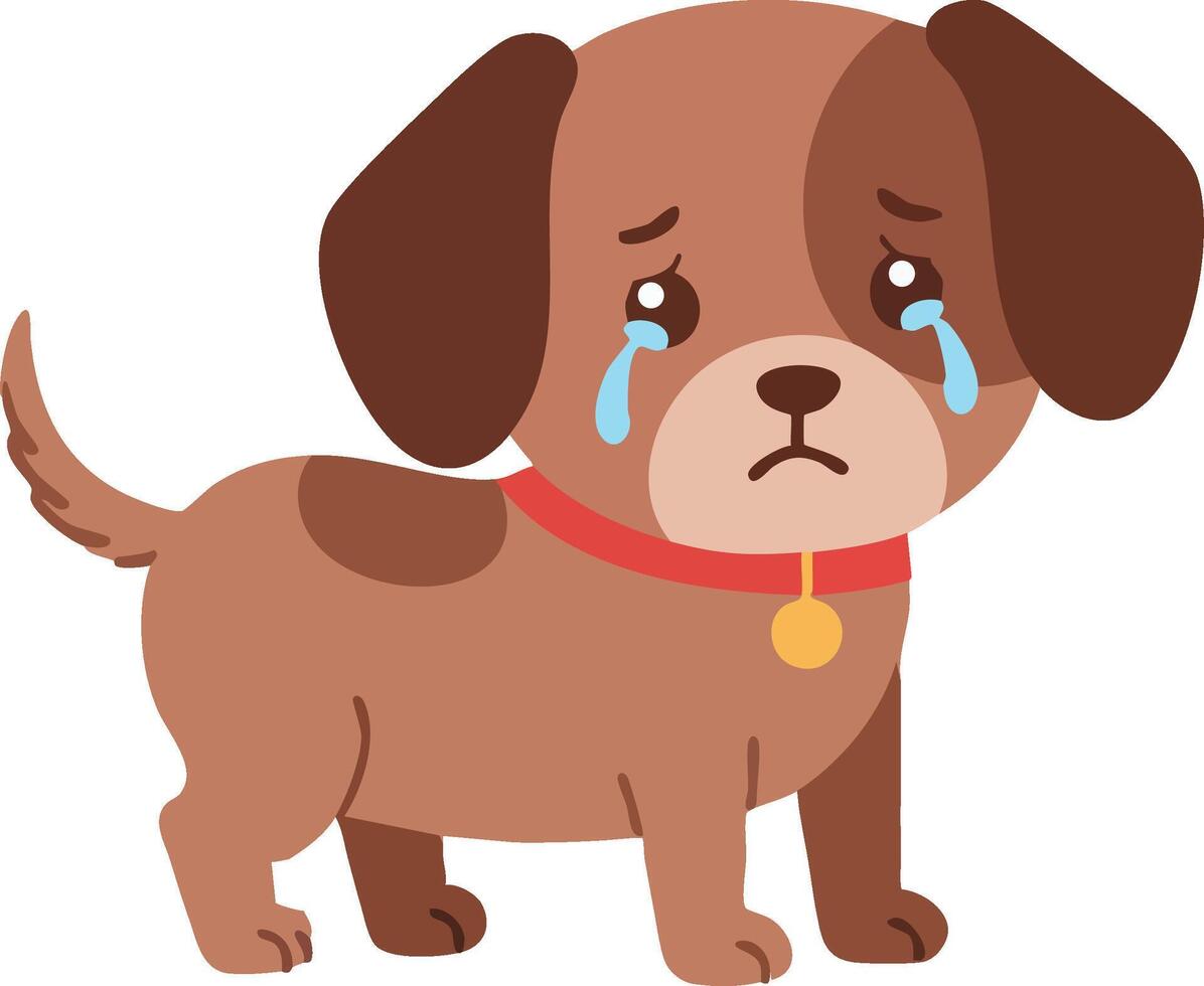 Sad brown puppy dog with red collar crying illustration in simple style for emotional pet design vector