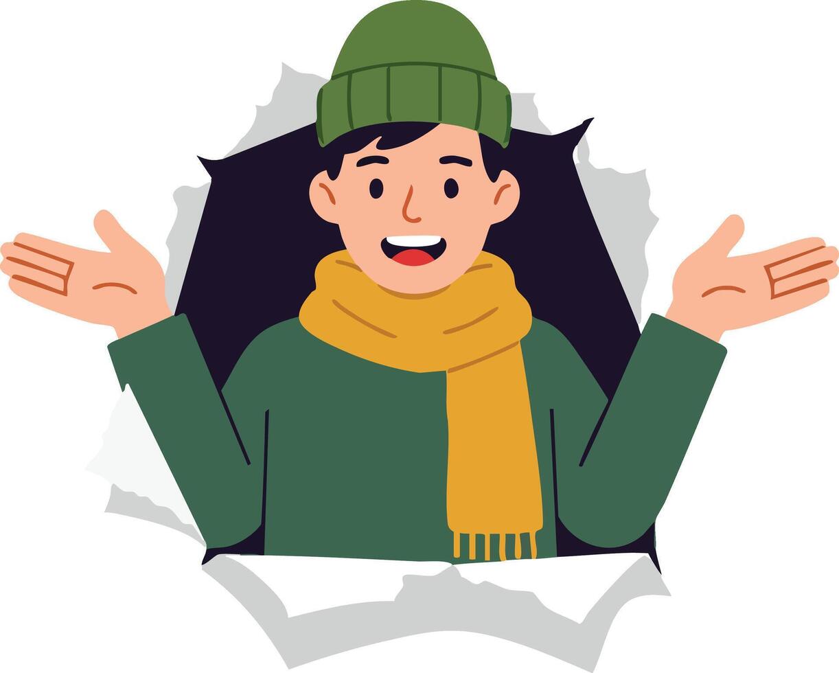 Young man wearing green hat and scarf breaking through wall with open arms cheerful expression illustration vector