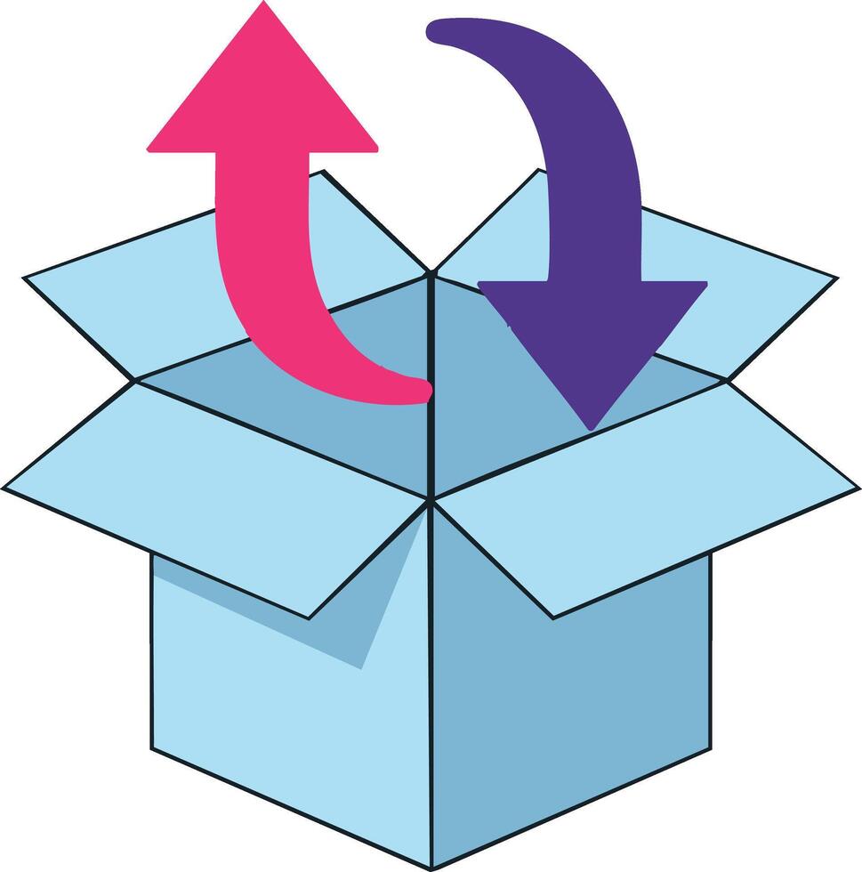 Open blue cardboard box with pink and purple arrows symbolizing upload and download process illustration vector