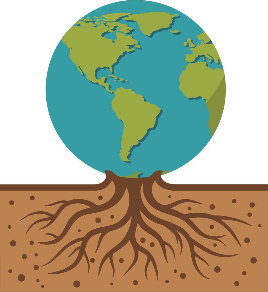Earth globe with roots growing underground symbolizing environmental connection vector
