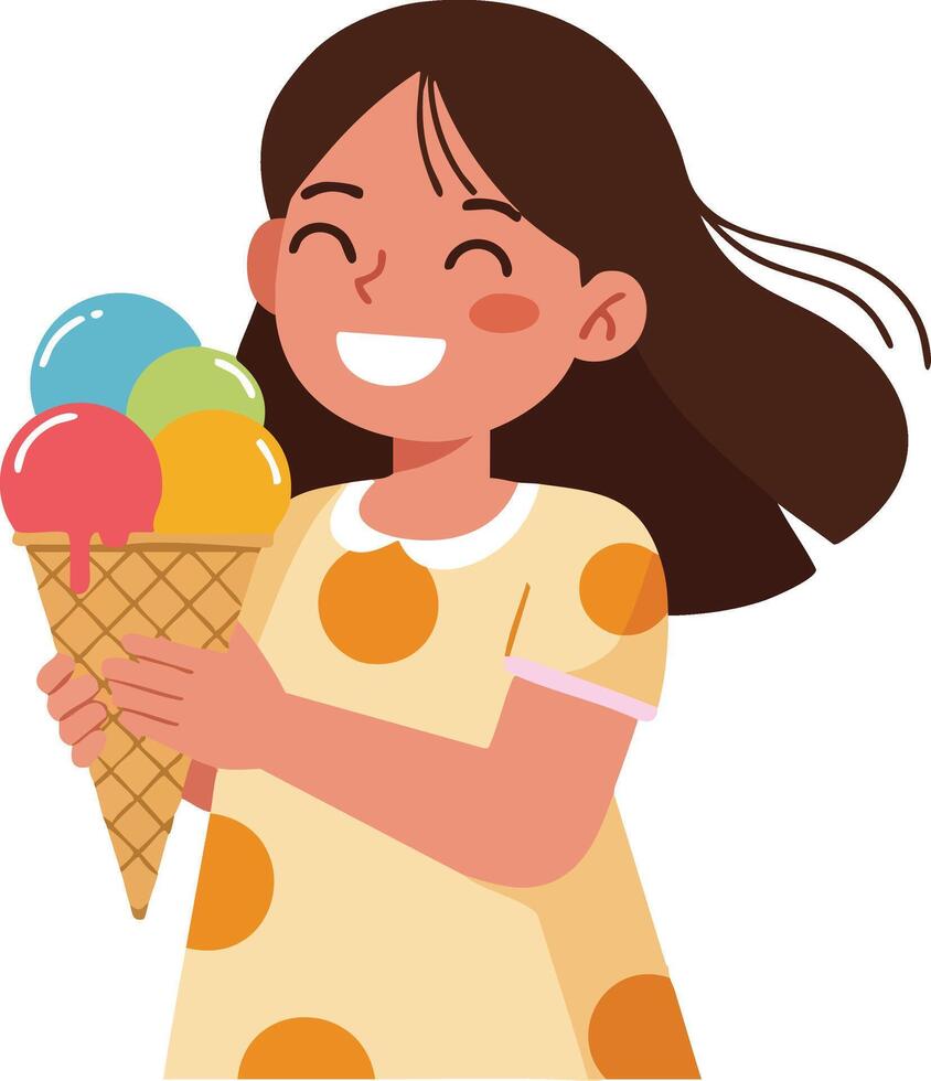 Happy girl holding large colorful ice cream cone smiling joyfully illustration vector