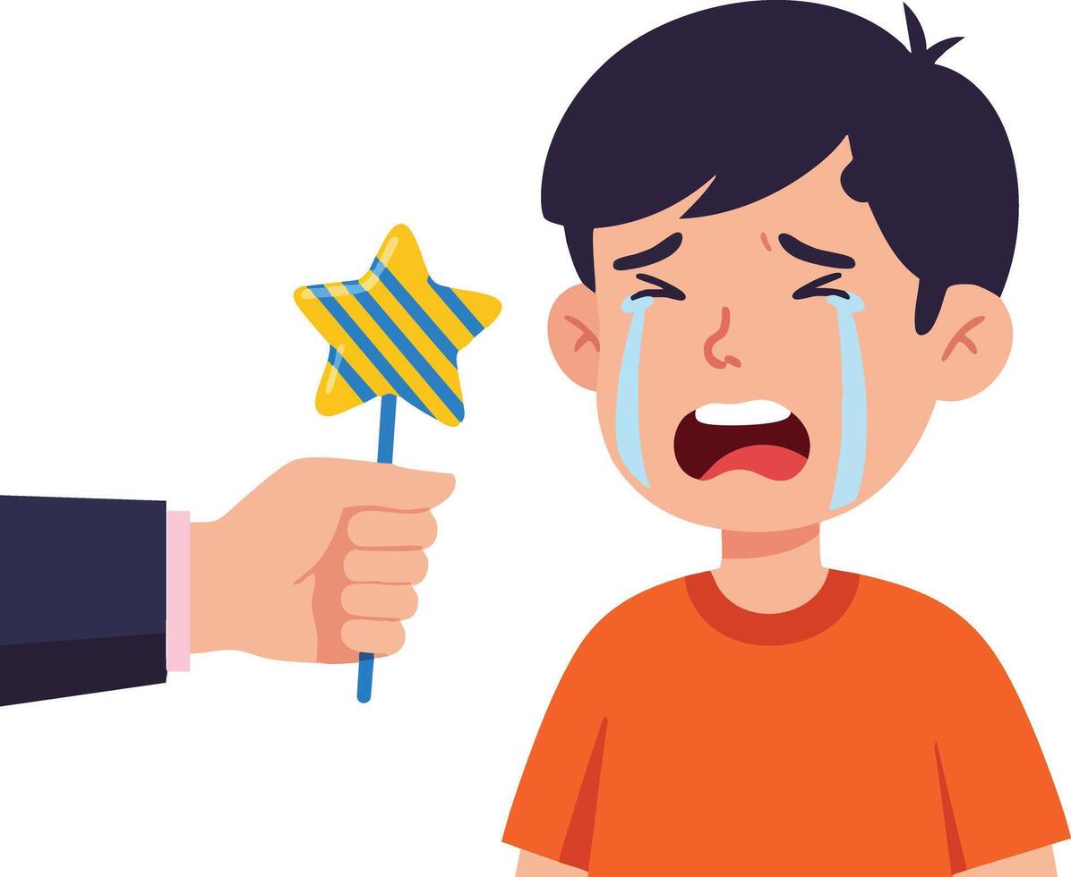 Crying boy receiving magic wand and hand gesture comforting child in orange shirt illustration vector