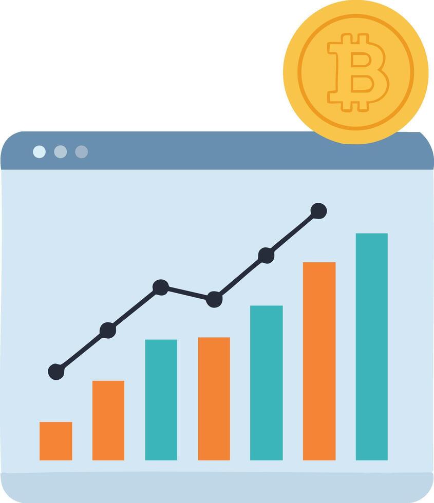 Cryptocurrency investment growth chart with bitcoin coin and colorful bar graph illustration vector