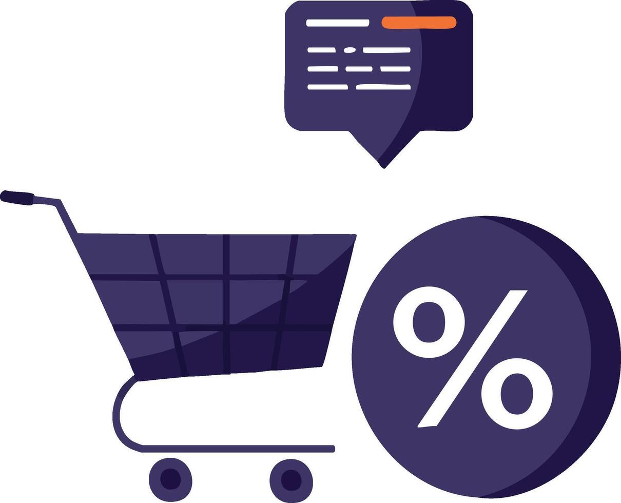 Shopping cart with discount percentage icon and message bubble illustration for online sale and ecommerce promotion vector