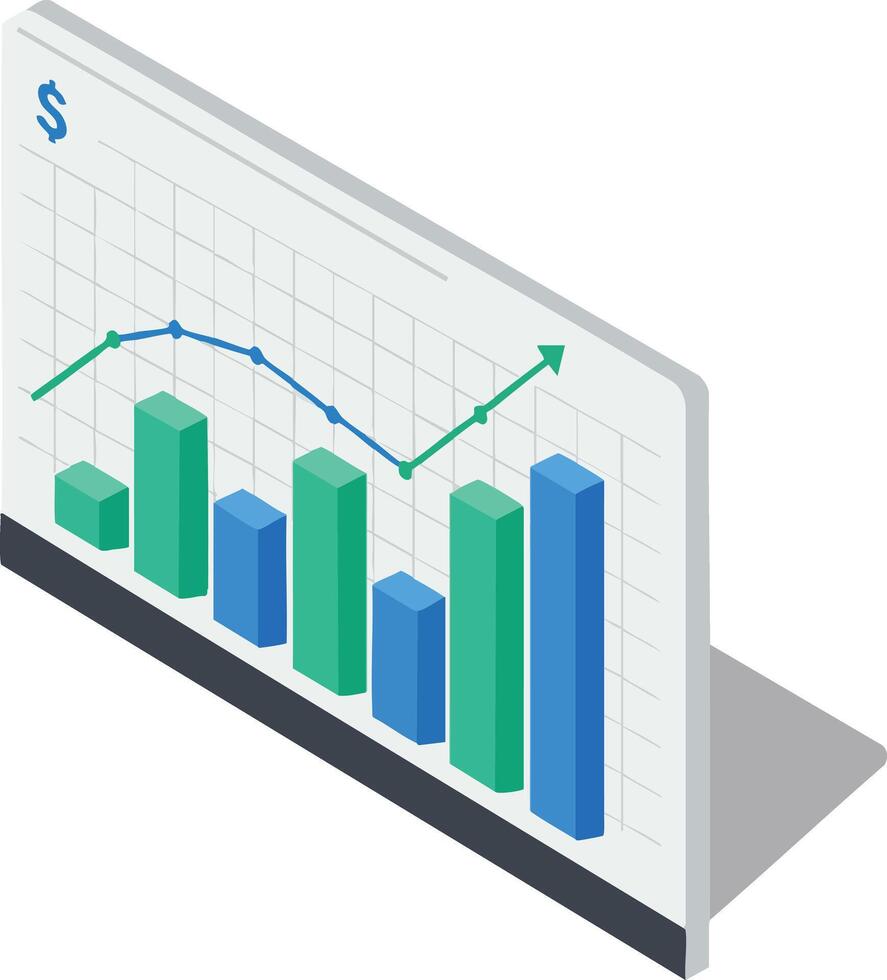 Financial growth chart with green and blue bar graphs and upward trend arrow in isometric style illustration vector