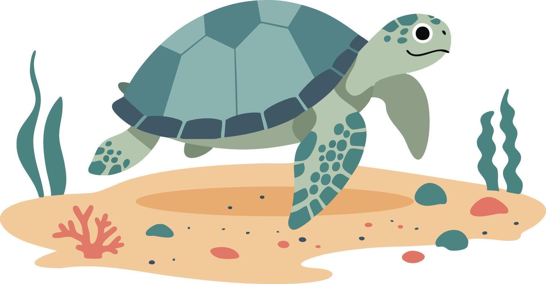 Sea turtle swimming underwater with coral and seaweed in ocean illustration vector