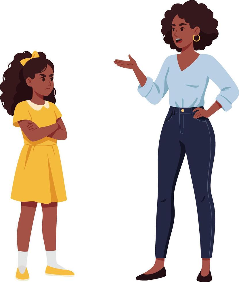 Mother and daughter having serious conversation in casual clothing illustration vector