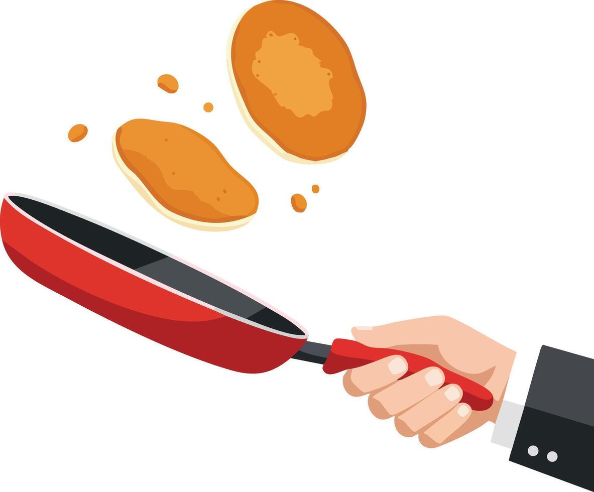 Cooking pancakes flipped in red frying pan held by hand in business suit sleeve illustration vector