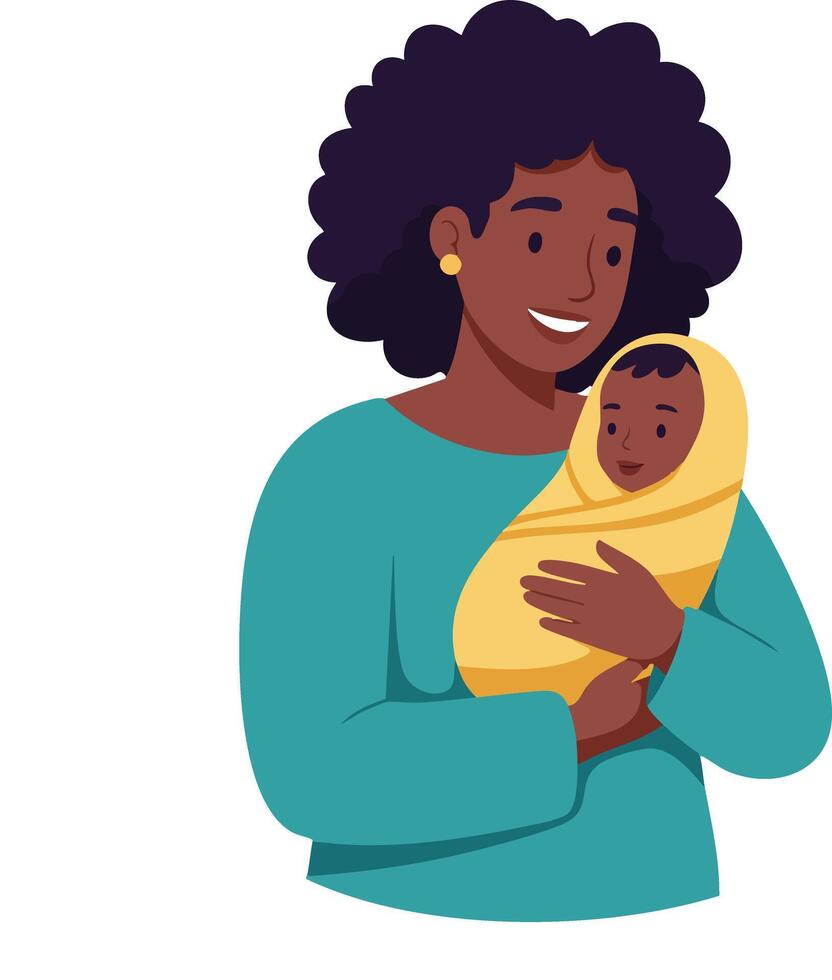 Mother holding newborn baby wrapped in yellow blanket smiling with love and care illustration vector