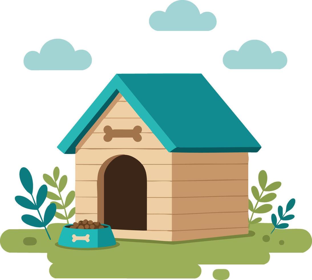 Dog house with teal roof and bone decoration on green grass with plants and clouds illustration vector