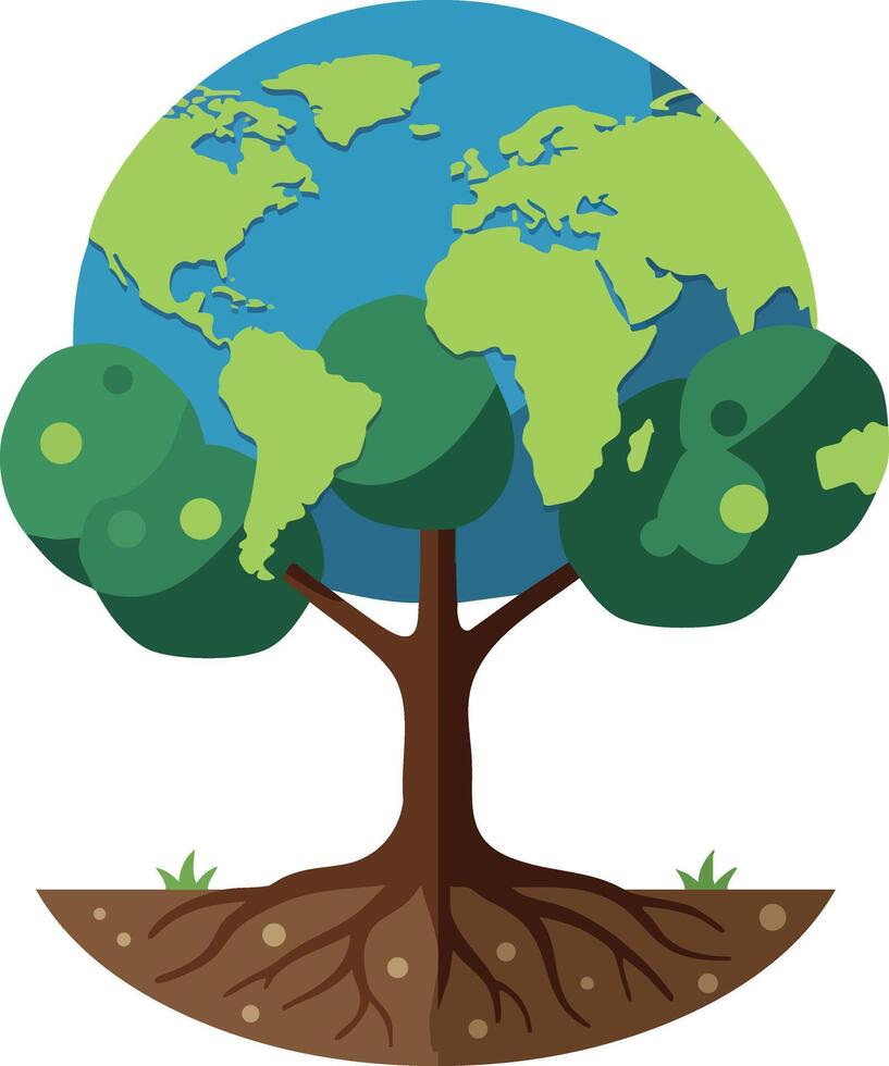 Earth globe tree with roots and green leaves environmental conservation concept illustration vector