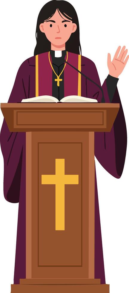 Female priest in purple robe preaching from pulpit with cross symbol illustration vector