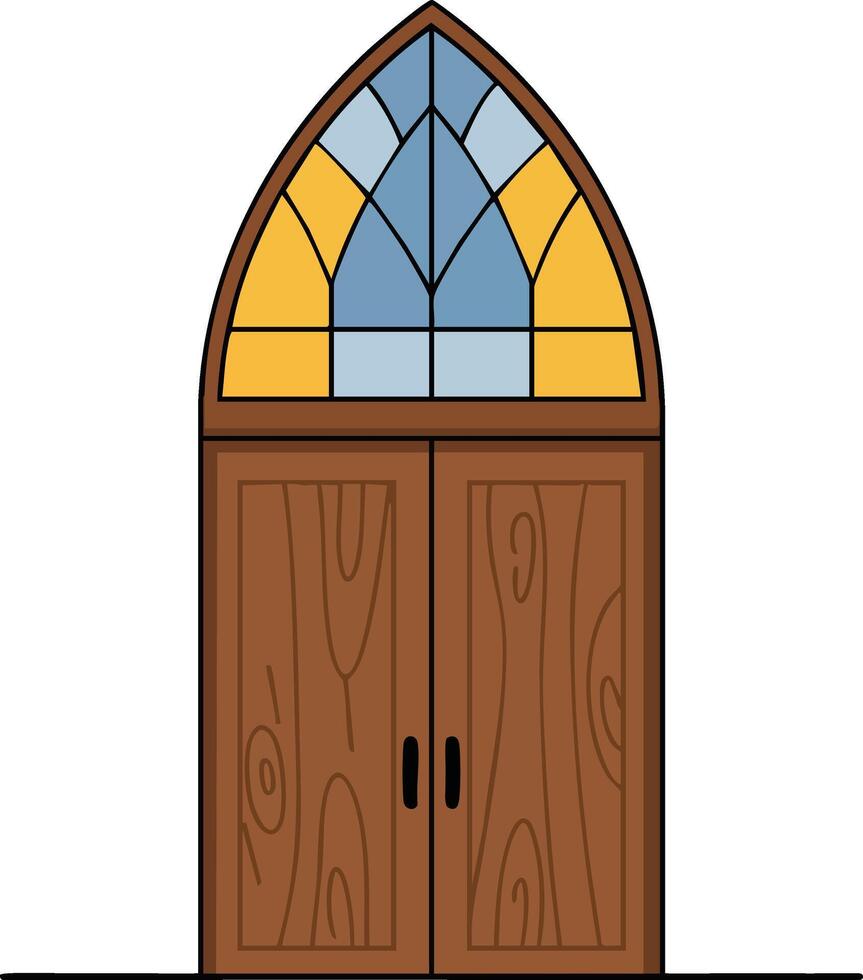 Wooden door with stained glass window featuring blue and yellow panes in pointed arch design illustration vector
