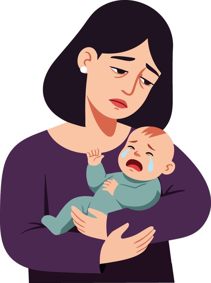 Mother holding crying baby with worried expression in illustration of parental care and infant distress vector