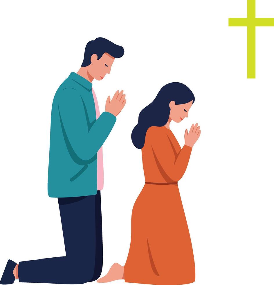 Man and Woman Kneeling in Prayer with Yellow Cross Christian Devotion Illustration vector