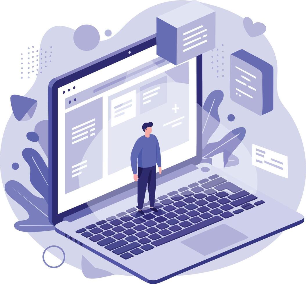 Man standing on large laptop keyboard with digital message boxes and abstract background in technology concept illustration vector