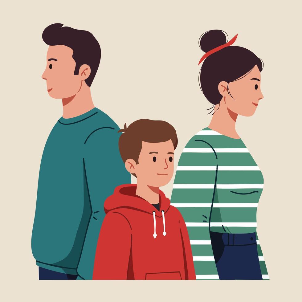 Family members standing side by side showing different generations in casual clothing illustration vector