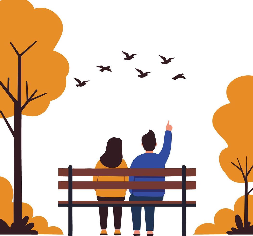 Couple sitting on park bench watching flying birds in autumn season with orange trees illustration vector